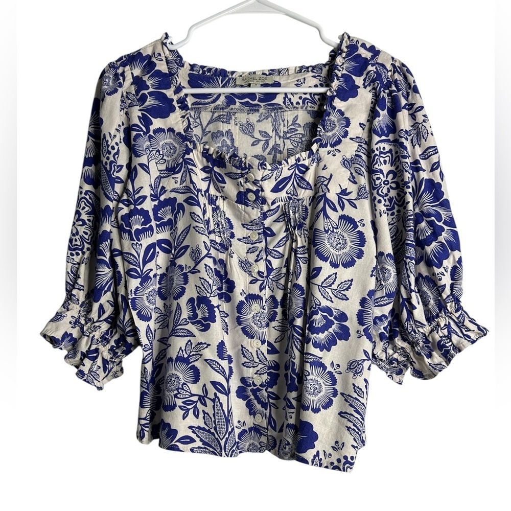 Rachel Zoe Blue & White Floral Puff Sleeve, S ,Cottagecore, Romantic, Prairie,